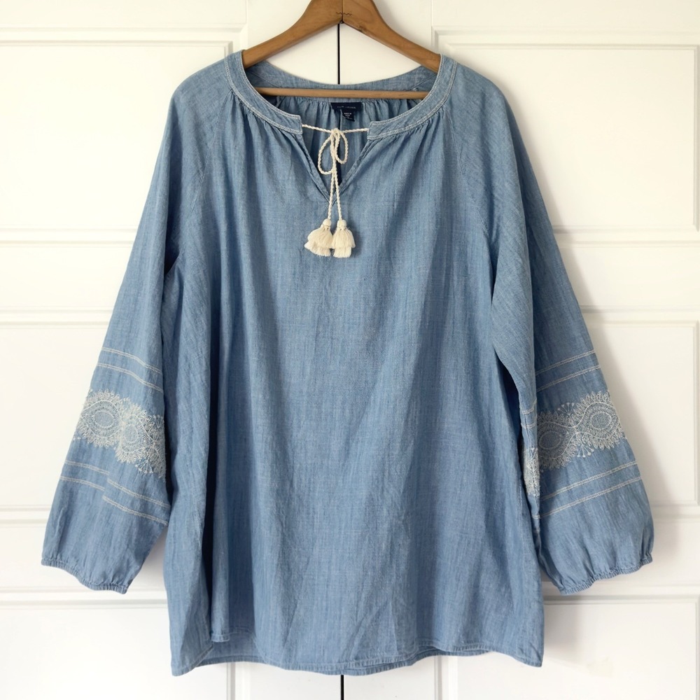 J Jill Chambray Denim Embroidered Tunic Top 2X Blue Tassel Tie Boho Western